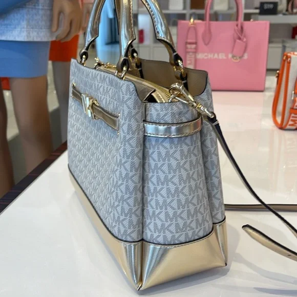 MICHAEL KORS 
Reed Large CZ Graphic Logo Belted Satchel
Vanilla /Pale Gold 
NWT - Picture 9 of 16